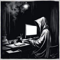 an anonymous writer depicted from behind, clad in hooded garb, sitting in (dark room:1.7) at laptop, typing, camera looks from behind, laptop screen visible, hidden in gloom and dark and smoke, clandestine vibe, photo-realism