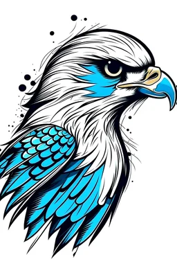 A falcon bird head, blue and white feathers, black outline, graffiti style, simple, minimalist, cartoon