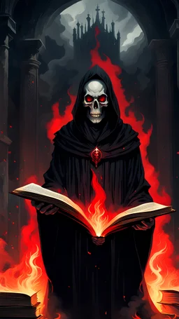Against the background of a gloomy sanctuary stands a tall figure in a torn black robe, whose face resembles a skull, eyes blazing with red fire, in his hands a book, against the background of a gloomy sanctuary