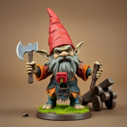 low poly, ai as gnome troll miniature model half painted arms outstretched holding axe offering gift, trebuchet background