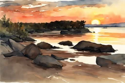 Sunset, rocks, mountains, rocky land, epic, winslow homer watercolor paintings