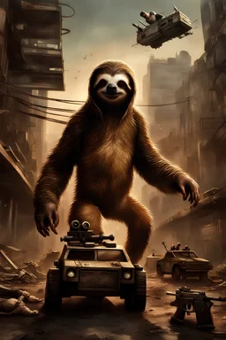 sloth in a scavenger clothes getting chased by robots, shooting a gun on the left side, hyper realistic art, post-apocalyptic city hospital background