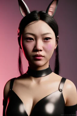 MCU Portrait, Front image, cyberpunk Asian woman, rabbit mask, black pink color, latex dress, highly detailed, concept art, smooth, unreal engine 5, god rays, ray tracing, RTX, lumen lighting, ultra detail, volumetric lighting, 3d, finely drawn, high definition, high resolution.