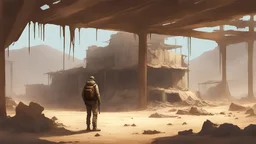 a medium prompt of a lone (survivor) setting up (camp) in what was once the (world), post-apocalyptic, desolate landscape, makeshift shelter, barren wasteland, dramatic lighting, intense atmosphere, gritty details, survivor character, ruins of civilization, hauntingly beautiful, cinematic composition, high detail, concept art, digital painting