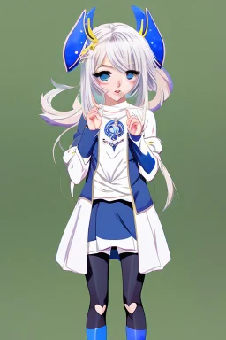 The girl should be a young and energetic anime character, with light-colored hair (such as blonde or silver) styled in a playful way. She should have bright and expressive eyes, maybe with a hint of mischief or curiosity. Her outfit can be inspired by the colors and symbols of the Gemini zodiac sign, with a mix of blue, yellow, and white, and some dualistic motifs such as two butterflies, birds, or stars.