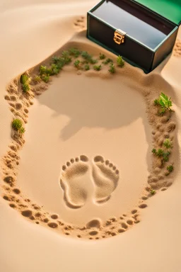 a close up imprint of a neat male foot print with 5 toes within sand,the sand is within a glass box which is filled half way with the sand, around the imprint are small weed plants, guitar plectrums,a.leather band with piece sign, green round sunglasses, on the corner of the glass box hangs a tasta beanie, on the outside on the glass is a metal nameplate with "Bob Marley" written on it