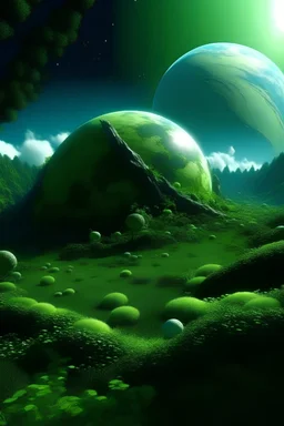 Make the surface of a planet, in the sky there should be a massive humanlike arm sprinkling the world with greeness. On the surface of this planet there should be animals roaming arround