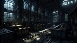Inside a dark, gothic, industrial manufactorum with stained glass windows. Heavy machinery, some machines are broken. Several rows of machines stretch away from the viewer.
