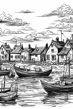 English fishing village blotchy ink minimalist loose outline sketch thin lines
