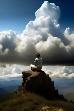 generar una imagen realista de una mujer solitaria sentada en la cima del montaña mirando hacia el cielo y y las nubes formando la palabra G C