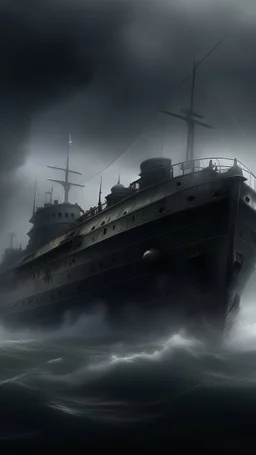 ,surrealism of the dark of a nightmare , hyper photorealistic, hyper detailed gray art color, high resolution, fog, octane render, tilt shift, HDRI Environment, all pictures dark gray, a torpedo hitting a ship