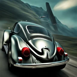 a high definition screen shot of a jet-fighter vw-beetle, retrofuturistic, phototrealism, in flight, one subject, should have wings with atleast one exposed jet on each wint or one coming throught thr front and center of the vehicle.