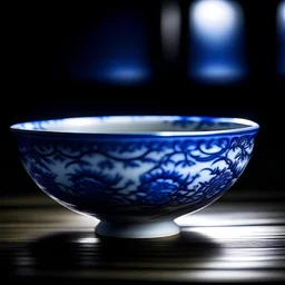 National Treasure, Jingdezhen Kiln Blue and White Glaze Carved Infant Play Pattern Bowl, Still Life Photography, Glaze Color, Light Transmission, Side Light Lighting, Close-up,
