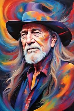 captivating conceptual painting of the iconic rock star, Willie Nelson, rendered in a vibrant and abstract art style. The background is a swirling, chaotic mix of artistic strokes that evoke a sense of rebellion and energy. The overall composition is a celebration of creativity, movement, and the essence of rock 'n' roll., vibrant, painting, conceptual art