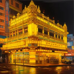 A yellow casino with flashing lights painted by Qiu Ying