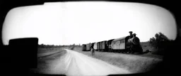 old western railroad, grayscale, antique pinhole photo