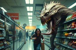 A horrific giant monstrosity abomination monster with sharp teeth, guts, secretions, unnerving appearance, long tongue, grotesque body, poisonous stingers, chasing grocery store employees down the isle, chaos and horror, cinematic body horror