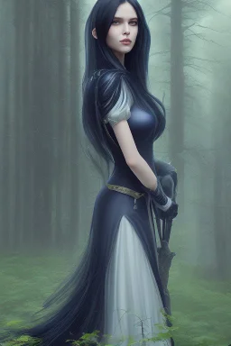 A princess in a dark indigo dress and very long black hair walks through a dark forest full of trees with her knight