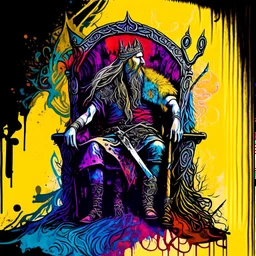 viking holger danske,long swirling beard and hair, his sword is golden, siting on his throne with wolfes on each side, alkohol ink, background swirley colorful with painted dragon on the wall, background colorful