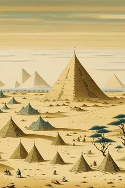 A tan sandy desert with magnetic pyramids painted by Utagawa Hiroshige