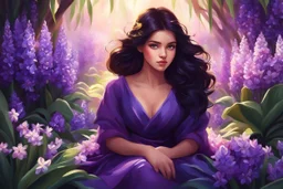 A beautiful girl is sitting surrounded by full of hyacinth flowers, dark hair, shining eyes, digital painting style, high quality, 4k