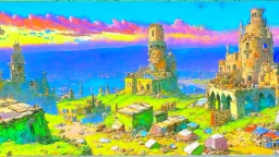 Destroyed City, medieval ruins, debris, stone, breched, brocken, Perspektiv from the sky, by Jean-Baptiste Monge, Ivan Bilibin, Albert Bierstadt, Reza Badrossama, watercolor, intricate details, fantasy, beautiful, oil on canvas, award winning, imperial colours, fantastic view, radient colours, very attractive, crisp quality