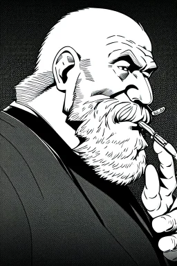 old man in profile smokes a cigar, shot hair, greyscale