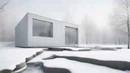 Modern and minimalist house in a winter environment is light gray, with vertical siding that gives it a subtle texture. There are small rectangular windows and a visible door, all emitting warm light from the inside. The house is situated in a snowy landscape, with several bare trees scattered around, suggesting that it is winter or a cold region.