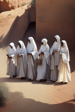 7 suore africane con tunica grigia giornata di sole precipizio fuori città , terra rossa