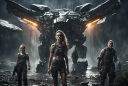 Beautiful girl with rainbow eyes, rain-forest warrior, strong, resilient, defiant, full body, with family of 5 beside her, defending, Masterpiece, best quality, cinematic lighting, futuristic, standing in front of crashed spaceship, tough stance.