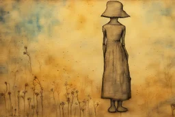 painted and burned burlap, forget-me-not woman, styles of Paul Klee Dee Nickerson and Tim Burton, melting watercolor and black ink outlines on wet paper, soft, shading strokes, in sunshine, ethereal, otherwordly, cinematic postprocessing, bokeh, dof