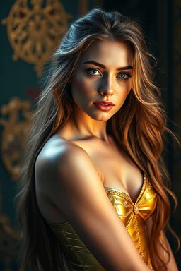 A hyper-realistic, detailed photo ,Body on gold gorgeous colourfull women full natural gold body ,and long hair ,blue eyes, bathed in cinematic light. , realistic elements, captured in infinite ultra-high-definition image quality and rendering, full size photo