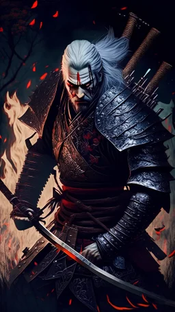 ведьмак Геральт в доспехах самурая сражается с магами