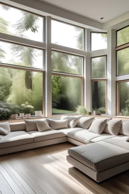 minimalist cozy living room on the second floor with big couches and window and view to the garden