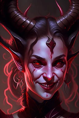 Portrait of a Dungeons and Dragons Tiefling girl with deep red sin, pretty, beautiful, symmetrical horns protruding fromn forehead, devil horns, smile, epic lighhting, cinematic, fantasy, , high quality, best quality, high definition, masterpiece, 8k, artstation, artwork, concept art