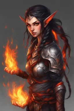 Paladin druid female with fire abilities. Makes fire with both hands.Hair is long and bright black part is braided and it is on fire. Eyes are noticeably big red color, fire reflects. Has a big scar over whole face. Skin color is dark. Has elf ears but not big. Black hair with fire texture