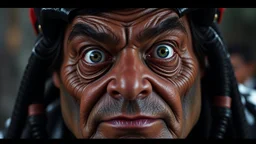 mr bean looking a bit like the predator