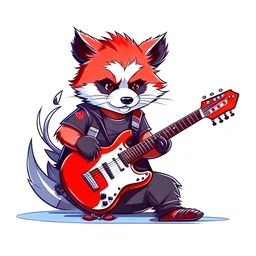 little rocker red panda playing electric guitar, angry, full body, guitar detail, anime style, white background color.