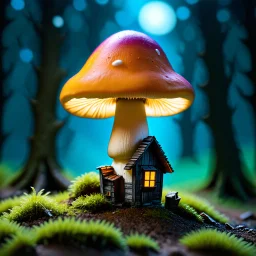 "Close up of a wonderful tiny Mushroom Tower home. Orange and yellow with bright white, deep black and contrasting tones of gray magenta and violet colors. Illuminated bioluminescent forest. Professional painter, master at composition. small but detailed. broken, blurred background, voluminous lighting"