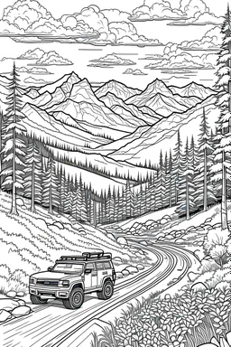 Color a picturesque mountain scene as two friends drive through winding roads. Capture the grandeur of snow-capped peaks, pine trees, and a clear, crisp sky for a serene midjourney coloring experience.
