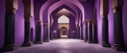 Hyper Realistic Inside View of purple wall mosque with some empty area on side with black pillars at night
