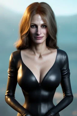 Julia Roberts in black leather gown, evil, busty, cleavage, curvy, angry, happy, stern look. character design by cory loftis, fenghua zhong, ryohei hase, ismail inceoglu and ruan jia. unreal engine 5, artistic lighting, highly detailed, photorealistic, fantasy