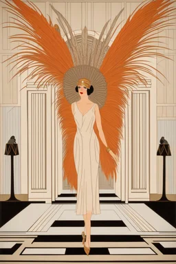 a woman with feathers in an Art Deco foyer by artist "Erte"