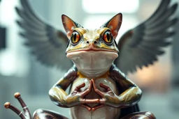 full body portrait of humanoid frog shiny yoga cat crow air captain racer semi transparent hypnotic kind eyes in front of mirror