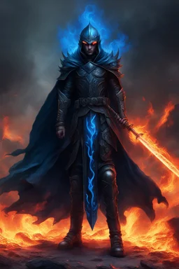 A warrior with a matte black combat helmet and eyes with bright blue flaming pupils, a black cape and a long coat with long combat boots and a long, sharp and fiery spear and with his helmet under A picture of hell with hellish people in tormenthis cape and two blue flames instead of eyes