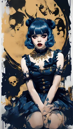 Poster in two gradually, a one side malevolent goth vampire girl face and other side the Singer Melanie Martinez face, full body, sit pose, painting by Yoji Shinkawa, darkblue and gold tones,