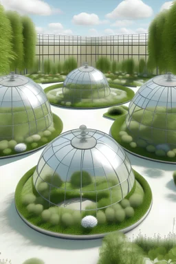 Four large botanical glass dome garden floor plans in each corner of a square connected by a single walkway. The middle is filled with a large pond and no walkway