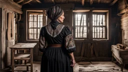 in front of the picture from the back, an middle-aged woman in a black vintage hungarian folk dress with brown hair in black woman headscarf , her standing in villager room and looking at a wooden cross on the wall , old, village environment, little light, sad atmosphere, high detailed, sharp focus, high realistic, perfect photo