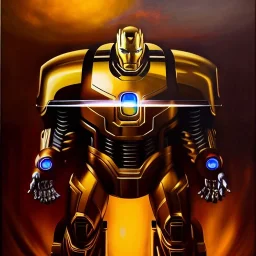 fullbody portrait in oil on canvas of Ultron Villain with Big Golden Hulkbuster armor, intense stare, masterpiece, realistic, intricate detail, sci-fi fantasy style, volumetric lighting, particles, highly detailed ,cinematic , deep colours, 8k, by Kaare Andrew and Robert E Howard and Ken Kelly