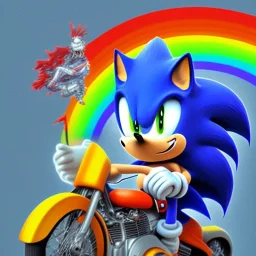 Sonic the hedgehog riding a motorcycle across a rainbow